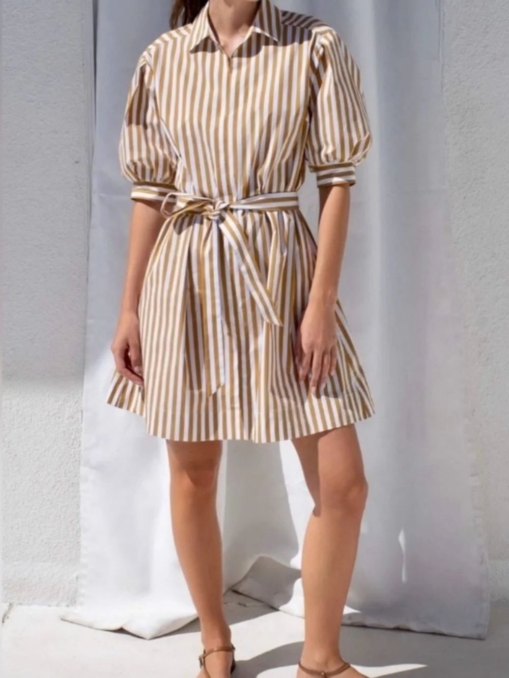 Ayr Striped Puff Sleeve Tee Shirt Button Down Dress Women’s Small